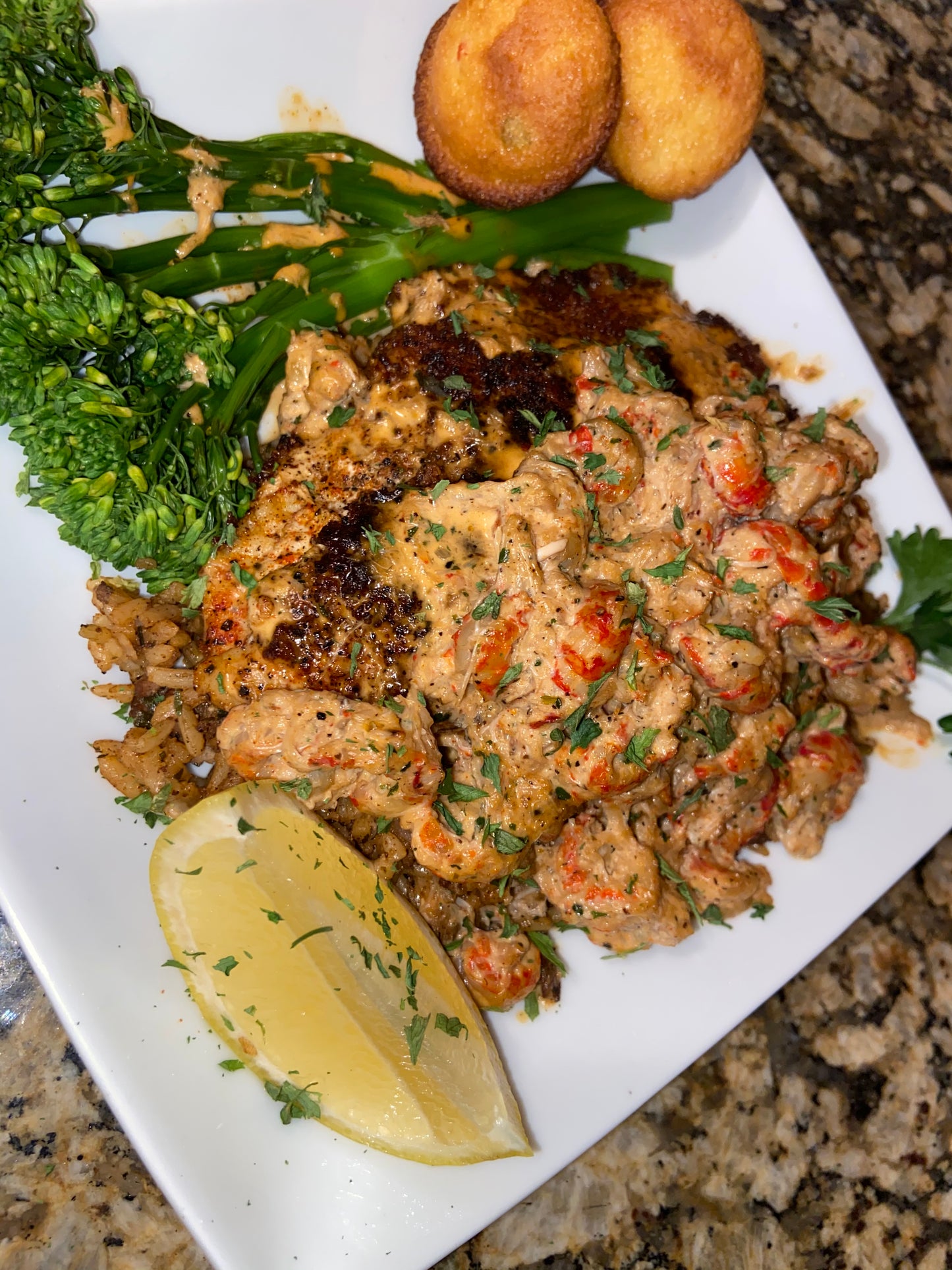 Blackened catfish + Dirty rice