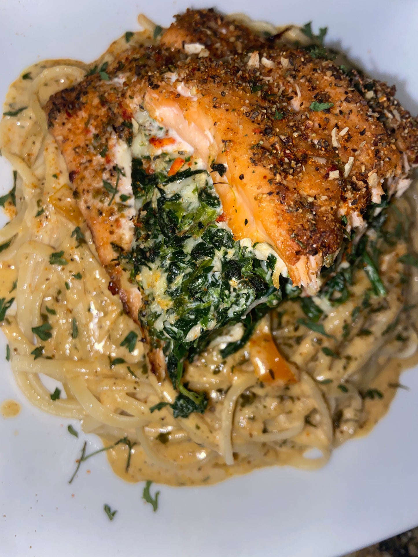 Stuffed Salmon + Cajun pasta