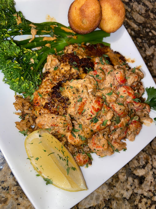 Blackened catfish + Dirty rice